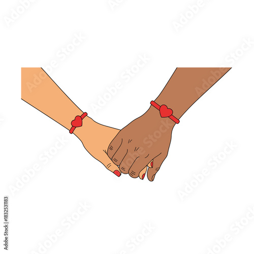 Two hands of different skin tones holding each other with red bracelets