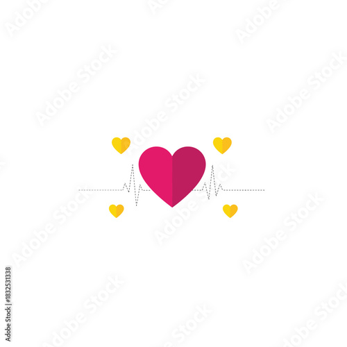 Vibrant pink heart with subtle heartbeat line and golden sparkles on white background