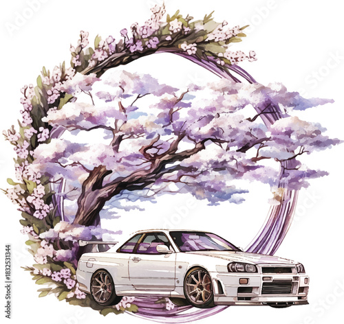 Cherry Blossom Dream: A sleek, white sports car cruises beneath a canopy of cherry blossoms, framed by a delicate floral wreath, evoking a sense of grace and speed intertwined with natural beauty.