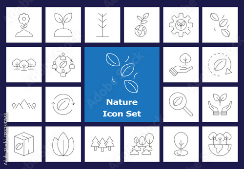 Nature Line Icons - Ecology, Environment, Planting, Growth, Sustainability Vector Icons. Renewable Energy, Organic Farming, Trees, Leaves, Conservation.