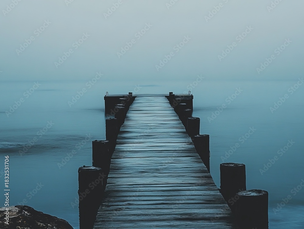 Obraz premium Misty lake pier extends into tranquil water