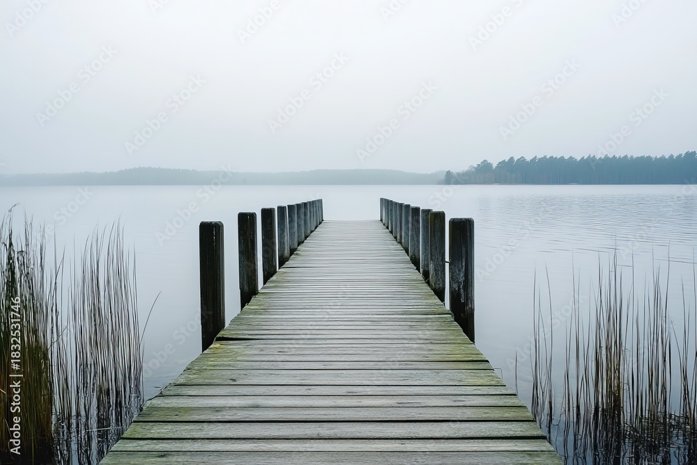 Fototapeta premium Misty lake pier. Tranquil wooden walkway extends into hazy water