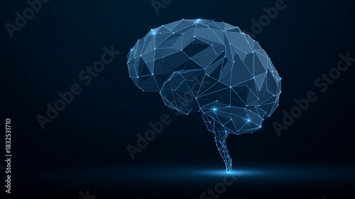 A geometric human brain rendered in blue wireframe against a dark, glowing backdrop