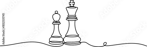 Continuous line drawing of a chess king and bishop, symbolizing strategy, intellect, and partnership in a minimalist graphic style. Vector, illustration