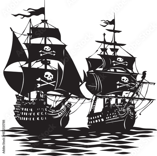 Pirate Ships Silhouette: Two formidable pirate ships sail boldly on the sea, their imposing silhouettes set against the backdrop of a vast ocean.