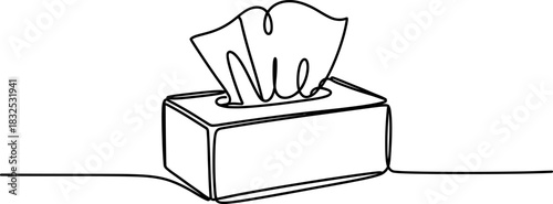 Continuous line drawing of a facial tissue box. minimalist illustration depicting hygiene, cold, flu, allergies, illness, and care concept. Vector, illustration