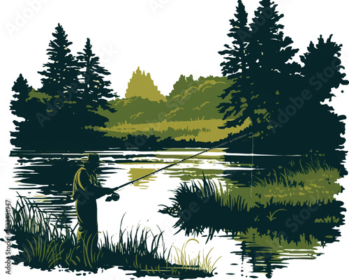Fisherman's Solitude: An artistic representation of a solitary figure casting a line into a serene body of water, embodying the peace of a nature.