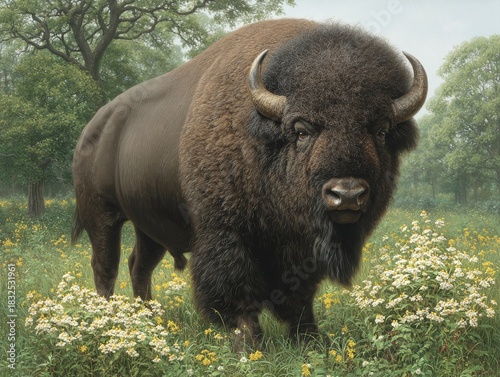 A majestic bison stands amidst vibrant wildflowers and green foliage, a portrait of nature
