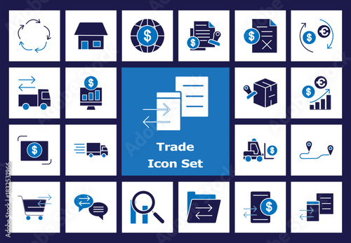 Trade Icon Set - E-commerce, Business, Money Transfer, Shipping, Logistics Flat Color Icons. Currency Exchange, Online Shopping, Delivery, Cargo, Financial Docs.