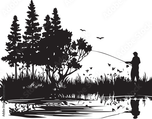 Serene Fishing Scene: A tranquil silhouette depicts a person gracefully fishing in a calm body of water, surrounded by lush vegetation and towering trees, conveying a sense of peace and relaxation.