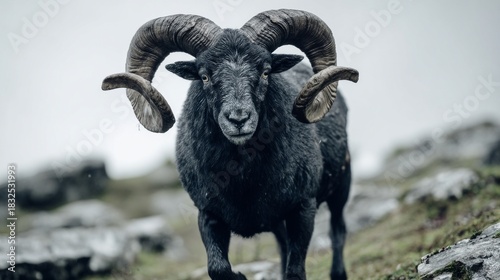 A majestic black ram with large horns, facing the camera on a misty hillside