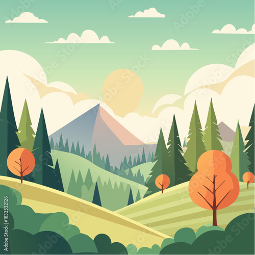 Vibrant flat vector landscape illustration featuring rolling hills, majestic mountains, and evergreen trees under a serene sky with a prominent sun