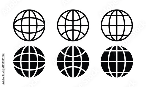 Globe Icon Set – Internet World Map Symbols in Solid and Outline Style on White Background