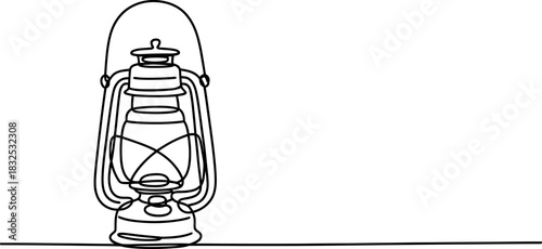 Continuous line drawing of an old-fashioned kerosene lantern, symbol of traditional light, vintage illumination, and historical design, isolated. Vector, illustration