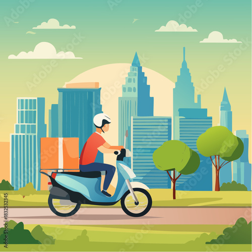 Urban delivery person on a scooter in a city park, delivering a package with a cityscape in the background
