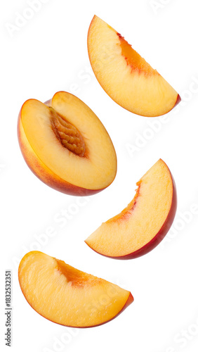 Falling Nectarine or peach, slice, isolated on transparent background