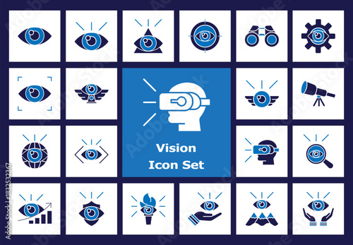 Vision Icon Set - Future, Technology, Eye, VR Headset, Idea, Innovation Flat Color Icons. Binoculars, Telescope, Gear, Insight, Security, Business Goal.