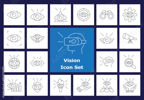 Vision Line Icons - Future, Eye, VR Headset, Innovation, Strategy, Sight Vector Icons. Binoculars, Telescope, Insight, Analytics, Modern Technology.
