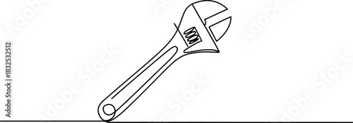 Continuous line art illustration of an adjustable wrench, an essential versatile hand tool for tightening and loosening fasteners, symbolizing repair and utility. Vector, illustration