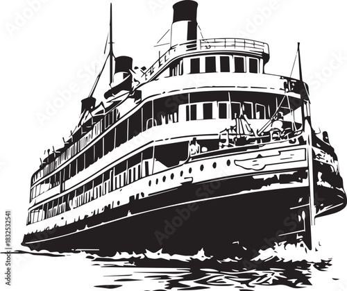 Vintage Cruise Liner: An elegant vintage cruise liner gracefully glides across the water, evoking a sense of classic maritime luxury and adventure.