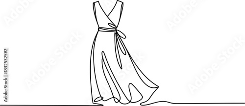 One continuous line drawing of an elegant wrap dress. fashion minimalist design for clothing store, boutique, or tailor business logo. artistic sketch. Vector, illustration