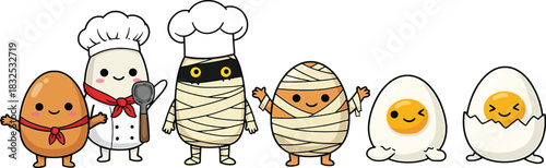 Cute cartoon eggs dressed as a chef and mummies with a chef egg and a cracked egg Keywords: egg, chef, mummy, costume, character, cute, cartoon