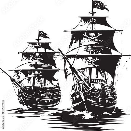 Pirate Ships on the Sea: Two imposing pirate ships sail the open sea, their Jolly Roger flags and weathered sails hinting at adventure and daring voyages.