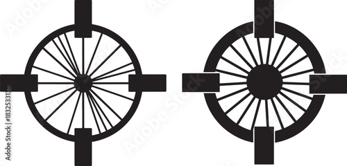 Two black wheel silhouettes with crossbars silhouette