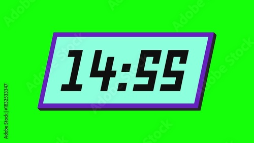 Digital countdown timer from 15 minute to 14 minute on a tilted rectangular display with a green background