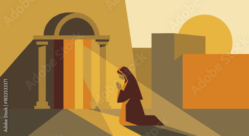 Hannah Praying

Hannah in a geometric silhouette praying at the tabernacle entrance, warm gold light, minimal architectural forms.