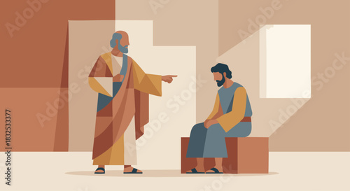 Nathan Confronts David
Bible Story
Nathan pointing toward David with calm authority, geometric draped shapes, soft clay palette, minimal interior.