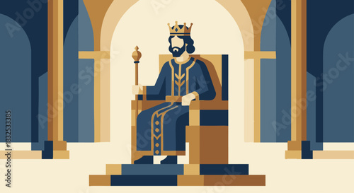 David Becomes King

David seated on a simple geometric throne, muted regal palette, minimal palace background. bible story
