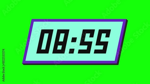 Digital countdown timer from 9 minute to 8 minute on a tilted rectangular display with a green background