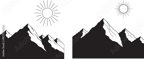 Dramatic mountain peaks under a stylized sun silhouette
