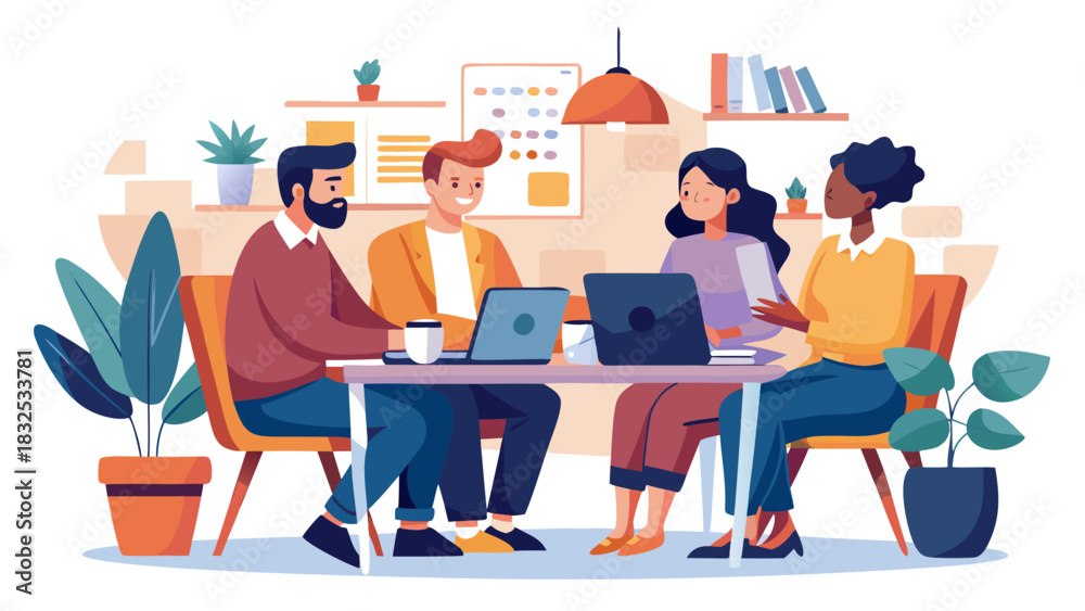 Fototapeta premium Diverse team collaborating in modern office with warm lighting and plants