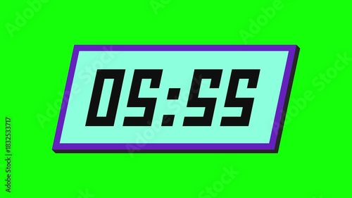 Digital countdown timer from 6 minute to 5 minute on a tilted rectangular display with a green background
