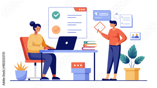 Woman reviewing positive customer feedback on laptop in modern office with colleague presenting results