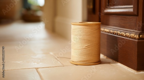 A neutral-toned spool of thread sits on a stone floor near a doorway with ornate wood detailing