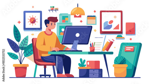 Young professional woman working on laptop in creative home office with plants and artwork