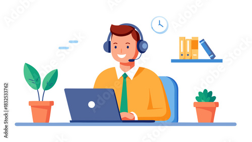 Smiling female professional with headset working on laptop in bright home office with plants and clock