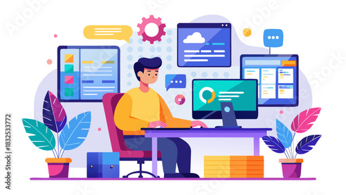 man working on computer with multiple screens and plants around