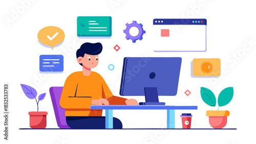 Young professional man working on laptop at home office with digital icons and creative workspace elements