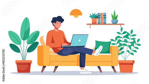 man sitting on yellow couch with laptop surrounded by plants