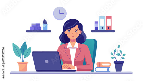 Businesswoman working on laptop at office desk with plants and books