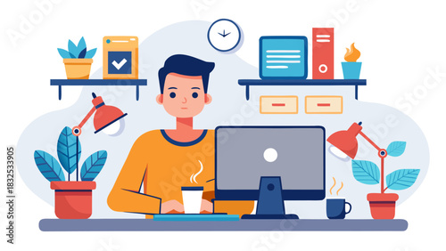 Young professional working from home with laptop, coffee, and plants in bright modern workspace