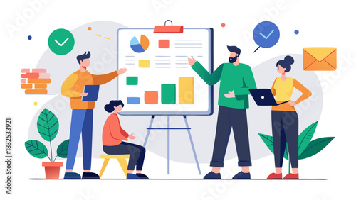 Diverse team analyzing business data on digital dashboard during collaborative brainstorming session