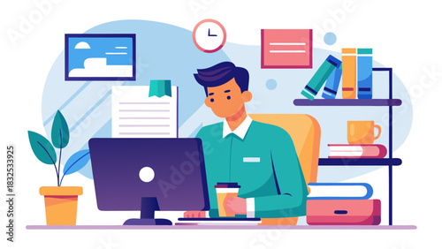 man working on computer at desk with books and coffee