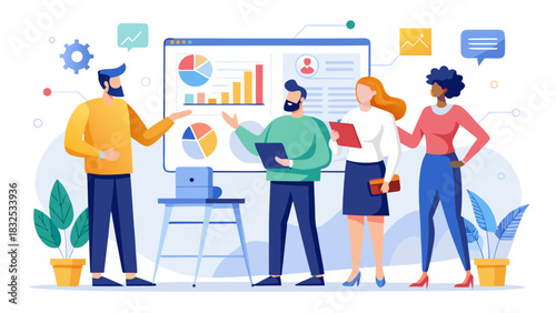 Diverse team discussing business strategy with graphs on screen