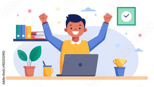 Young professional celebrating success with laptop in bright home office with plants and productivity icons