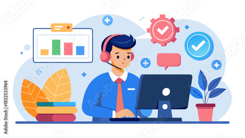 customer support agent working at desk with computer and headset